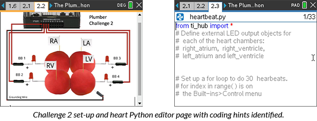 Challenge 2 set-up and heart Python editor page with coding hints identified.
